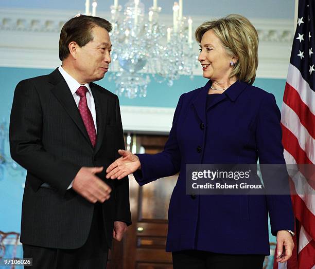 Secretary of State Hillary Clinton says a few words to the media after a bilateral meeting with South Korean Foreign Minister Yu Myung-hwan at the...