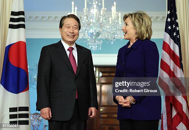 Secretary of State Hillary Clinton says a few words to the media after a bilateral meeting with South Korean Foreign Minister Yu Myung-hwan at the...