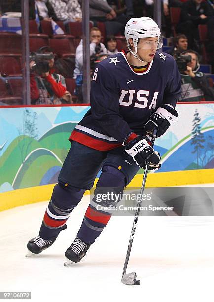 Erik Johnson of the United States in action during the ice hockey men's semifinal game between the United States and Finland on day 15 of the...