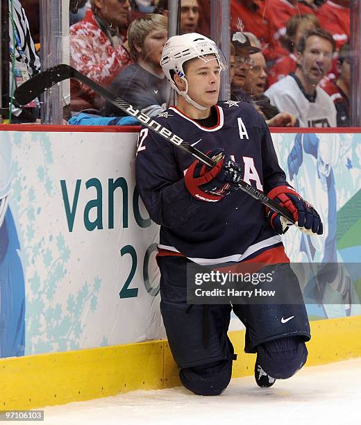 Ryan Malone of the United States looks on during the ice hockey men's semifinal game between the United States and Finland on day 15 of the Vancouver...