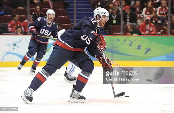 Ryan Malone of the United States in acton during the ice hockey men's semifinal game between the United States and Finland on day 15 of the Vancouver...