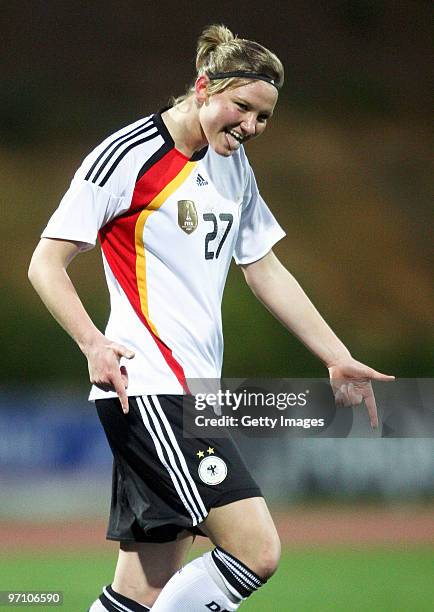 Alexandra Popp of Germany celebrates during the Woman's Algarve Cup match between Germany and Finland at the Estadio Belavista on February 26, 2010...