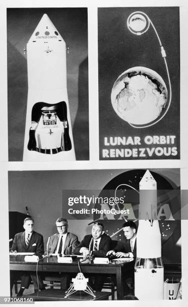 Composite of three NASA photos, Washington DC, 1962. Pictured at upper left is a model of the Saturn rocket with a cut-away that shows a two-man,...