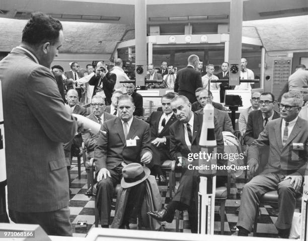 During a visit to the Saturn blockhouse of Cape Kennedy's Launch Complex, American politician US President Lyndon B Johnson and NASA officials, among...