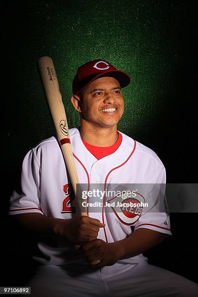 Orlando Cabrera of the Cincinnati Reds poses during media photo day on February 24, 2010 at the Cincinnati Reds Player Development Complex in...