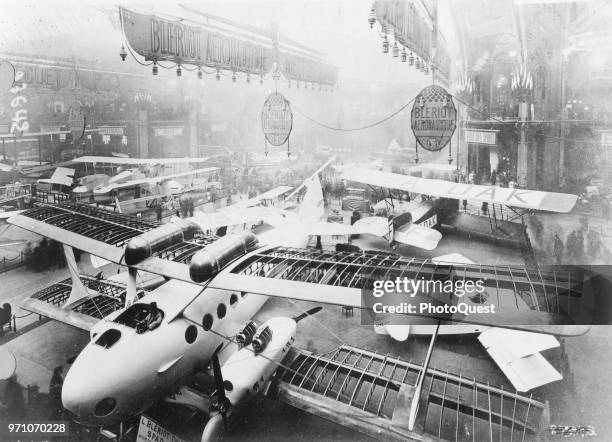 Elevated view of a Bleriot-Aeronautique SPAD 45 airplane exhibited at the Paris Air Show, Paris, France, 1921. The plane featured four 300 horsepower...