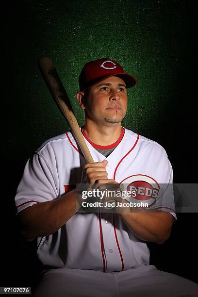 Ramon Hernandez of the Cincinnati Reds poses during media photo day on February 24, 2010 at the Cincinnati Reds Player Development Complex in...