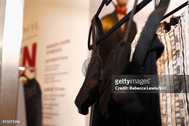 Fashion garments on display at Phoebe English at the NEWGEN Pop-Up Showroom during London Fashion Week Men's June 2018 at the BFC Designer Showrooms...