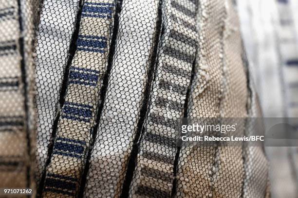 Detail of fashion garments on display at Phoebe English at the NEWGEN Pop-Up Showroom during London Fashion Week Men's June 2018 at the BFC Designer...