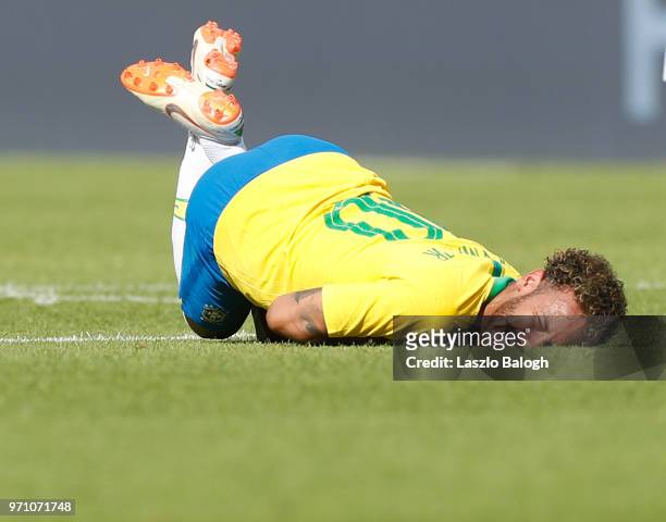 Neymar of Brazil reacts during the International Friendly match between Austria and Brazil at Ernst Happel Stadium on June 10, 2018 in Vienna,...