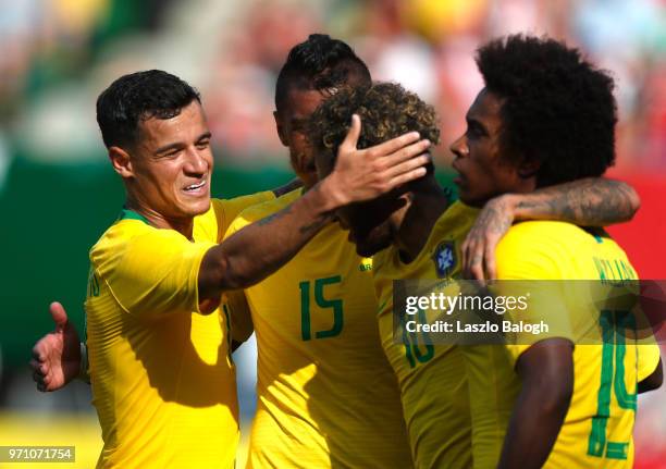 Brazilian players celebrate during an International Friendly match between Austria and Brazil at Ernst Happel Stadium on June 10, 2018 in Vienna,...