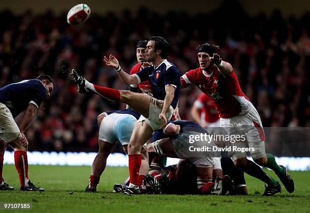 Morgan Parra of France kicks the ball upfield during the RBS Six Nations match between Wales and France at the Millennium Stadium on February 26,...