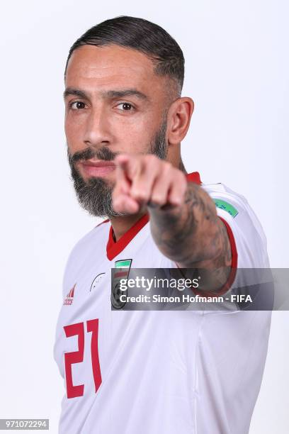 Ashkan Dejagah of Iran poses during the official FIFA World Cup 2018 portrait session at Bakovka Training Base on June 9, 2018 in Moscow, Russia.