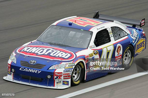 Marcos Ambrose drives the Kingsford Toyota during practice for the NASCAR Sprint Cup Series Shelby American at Las Vegas Motor Speedway on February...