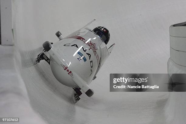 Winter Olympics: Canada Kaillie Humphries and Heather Moyse in action during Women's Bobsled Final at Whistler Sliding Centre. Canada won gold....