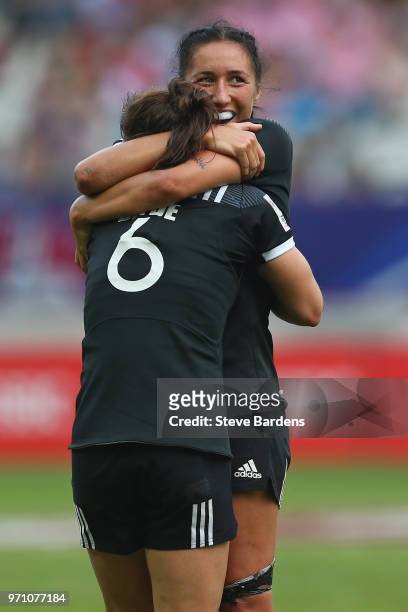 Sarah Goss and Michaela Blyde of New Zealand celebrate victory over Australia during the Women's Cup Final between New Zealand and Australia during...
