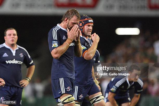 Stormers lock Andries Bekker reacts after Joe Pietersen misses the final kick during the Super 14 round 3 match between Stormers and Brumbies at...