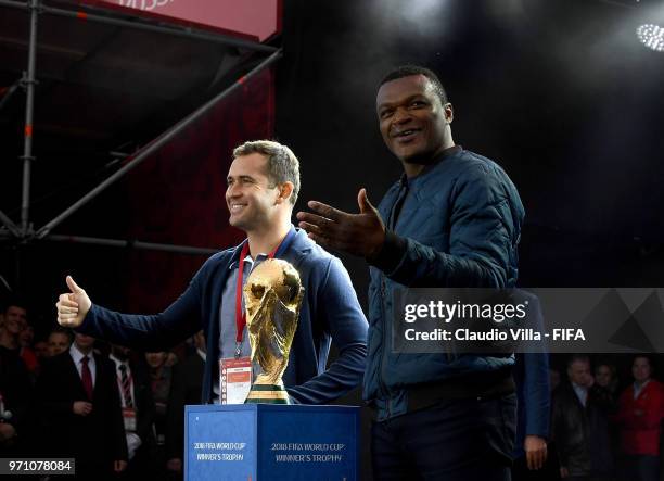 Aleksandr Kerzhakov and Marcel Desailly pose for a photo during the official opening of the FIFA Fan Fest at Vorobyovy Gory on June 10, 2018 in...