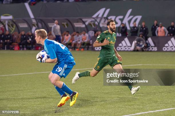 Sporting Kansas City goal keeper Tim Melia captures a long ball aimed at Portland Timbers midfielder Diego Valeri during the second half of the 0-0...