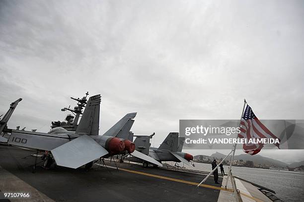 Partial view of the flight deck of the USS Carl Vinson Nimitz class aircraft supercarrier, at anchor in Guanabara Bay, Rio de Janeiro, Brazil, on...