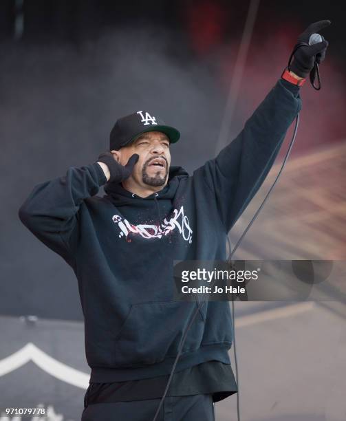 Ice T of Bodycount performs during Download Festival at Donington Park on June 10, 2018 in Castle Donington, England.