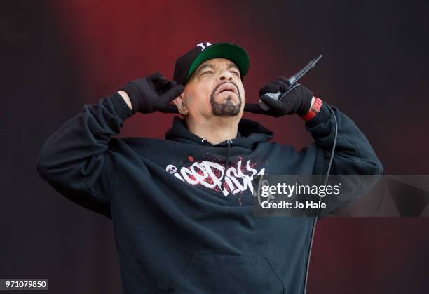 Ice T of Bodycount performs during Download Festival at Donington Park on June 10, 2018 in Castle Donington, England.