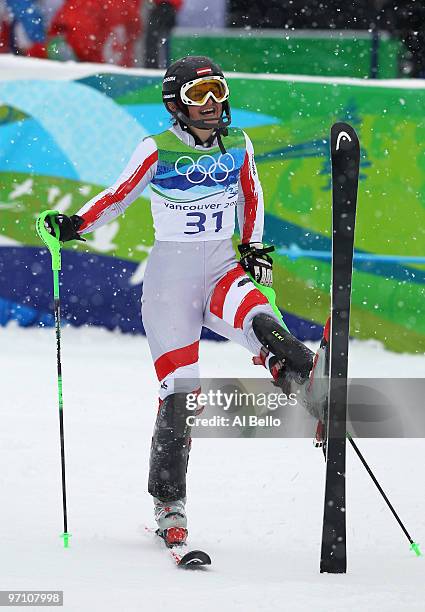 Elisabeth Goergl of Austria reacts after crossing the finish line during the Ladies Slalom second run on day 15 of the Vancouver 2010 Winter Olympics...