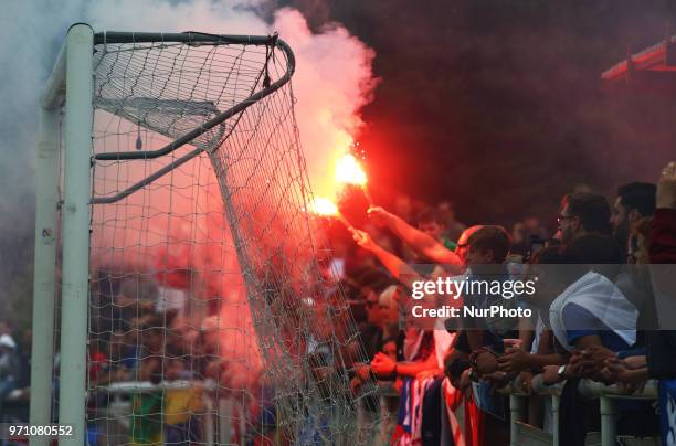 Karpatalya Fans Flares during Conifa Paddy Power World Football Cup 2018 Grand Final between Northern Cyprus against Karpatalya at Queen Elizabeth II...