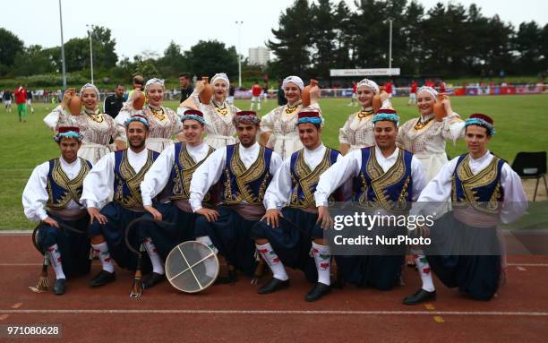 Turkish folk dances during Conifa Paddy Power World Football Cup 2018 Grand Final between Northern Cyprus against Karpatalya at Queen Elizabeth II...