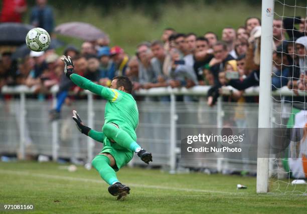 Hasan Piro of Northern Cyprus save a penalty during Conifa Paddy Power World Football Cup 2018 Grand Final between Northern Cyprus against Karpatalya...