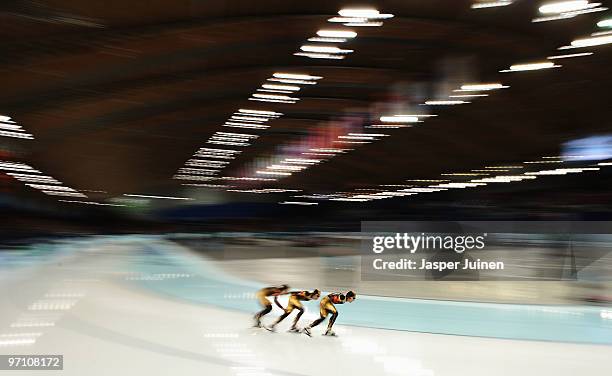 Masako Hozumi, Nao Kodaira and Nao Kodaira of team Japan competes in the Men's Team Pursuit Speed Skating Quarter-Finals on day 15 of the 2010...