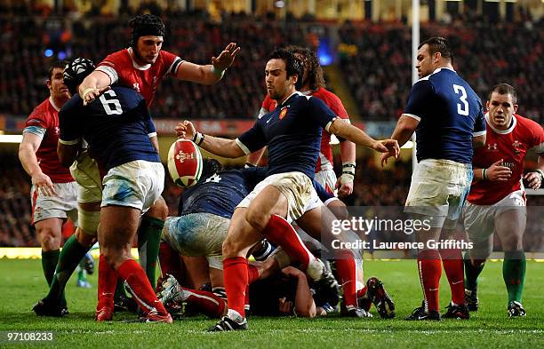 Morgan Parra of France kicks upfield during the RBS Six Nations Championship match between Wales and France at the Millennium Stadium on February 26,...