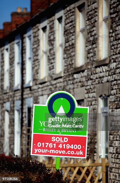 Estate agents sold sign is displayed outside a house on February 25, 2010 in Radstock, England. As the UK gears up for one of the most hotly...
