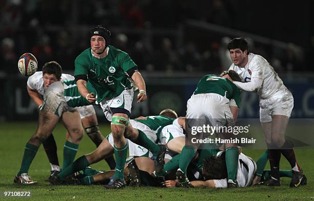 Ben Marshall of Ireland passes during the International match between England U20 and Ireland U20 at Kingsholm on February 26, 2010 in Gloucester,...