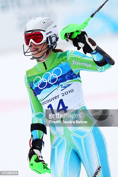 Tina Maze of Slovenia reacts after crossing the finish line during the Ladies Slalom second run on day 15 of the Vancouver 2010 Winter Olympics at...