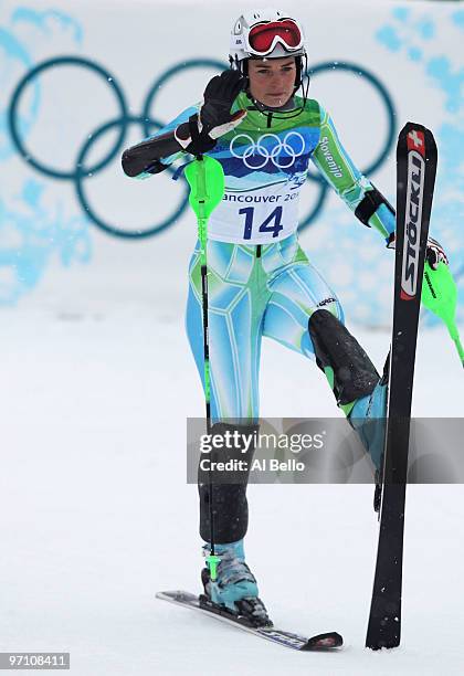 Tina Maze of Slovenia reacts after crossing the finish line during the Ladies Slalom second run on day 15 of the Vancouver 2010 Winter Olympics at...