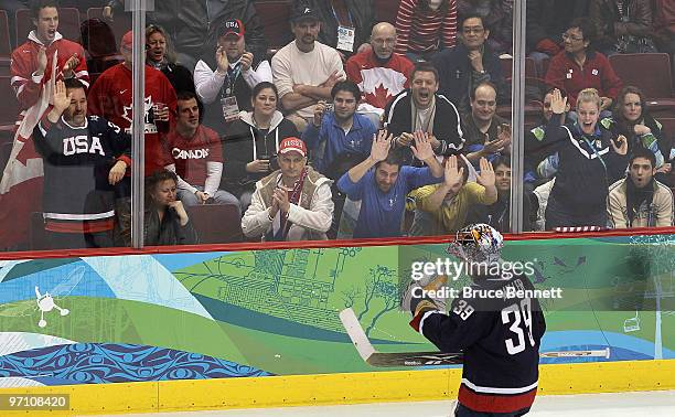 Goalkeeper Ryan Miller of the United States is seen during the ice hockey men's semifinal game between the United States and Finland on day 15 of the...