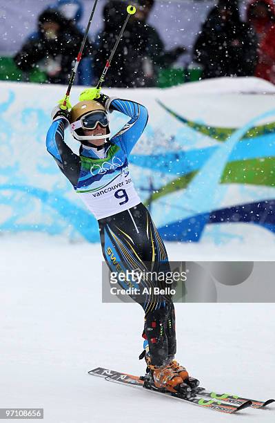 Maria Pietilae-Holmner of Sweden celebrates after crossing the finish line during the Ladies Slalom second run on day 15 of the Vancouver 2010 Winter...