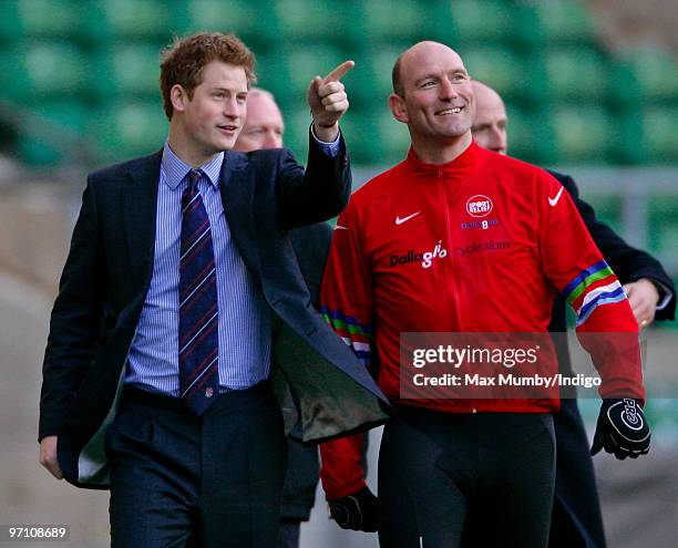 Prince Harry meets Lawrence Dallaglio and other cyclists after they cycled more than 1700km through Europe on the Dallaglio Cycle Slam at Twickenham...