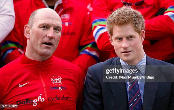 Lawrence Dallaglio and other cyclists meet Prince Harry after they cycled more than 1700km through Europe on the Dallaglio Cycle Slam at Twickenham...