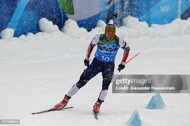 Jeremy Teela of the United States competes during the men's 4 x 7.5 km biathlon relay on day 15 of the 2010 Vancouver Winter Olympics at Whistler...