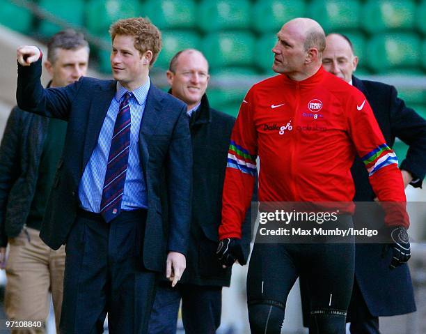 Prince Harry meets Lawrence Dallaglio after Dallaglio cycled 1700km through Europe on the Dallaglio Cycle Slam at Twickenham Stadium on February 26,...