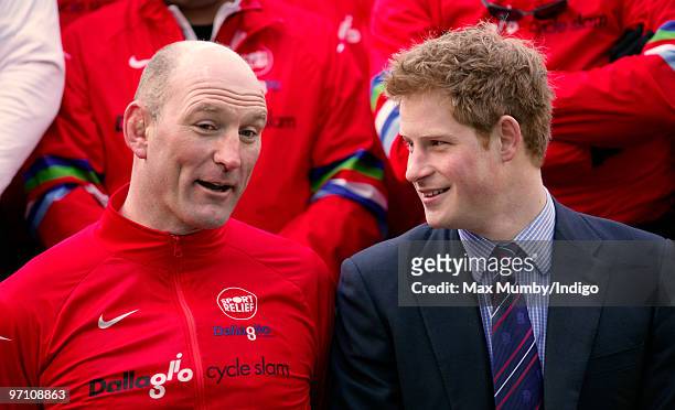 Lawrence Dallaglio and other cyclists meet Prince Harry after they cycled more than 1700km through Europe on the Dallaglio Cycle Slam at Twickenham...