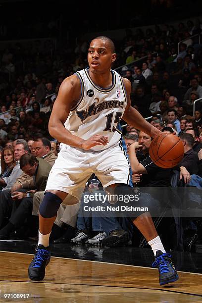 Randy Foye of the Washington Wizards handles the ball against the Chicago Bulls during the game on February 22, 2010 at the Verizon Center in...