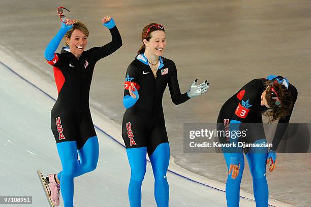 Jennifer Rodriguez, Jilleanne Rookard and Nancy Swider-Peltz Jr of team United States celebrate in the Ladies' Team Pursuit Speed Skating...