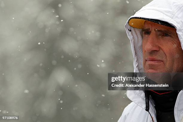 Men's biathlon coach Frank Ullrich of Germany looks on during the men's 4 x 7.5 km biathlon relay on day 15 of the 2010 Vancouver Winter Olympics at...