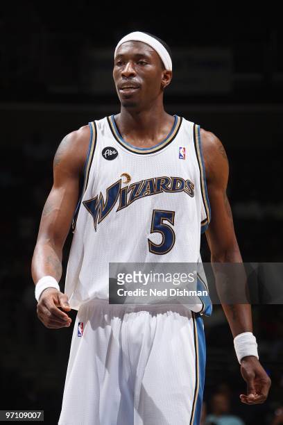 Josh Howard of the Washington Wizards walks on the court during the game against the Chicago Bulls on February 22, 2010 at the Verizon Center in...