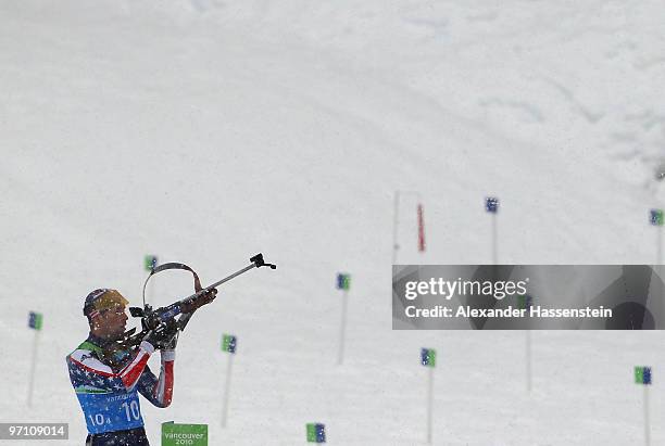 Jeremy Teela of the United States competes during the men's 4 x 7.5 km biathlon relay on day 15 of the 2010 Vancouver Winter Olympics at Whistler...