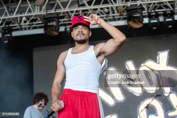 Chance the Rapper makes a guest appearance during Knox Fortune's performance at the Bonnaroo Music & Arts Festival on June 9, 2018 in Manchester,...