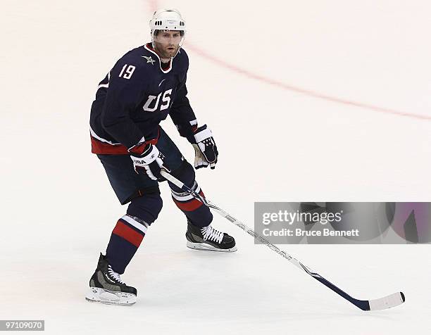 Ryan Whitney of the United States in action during the ice hockey men's semifinal game between the United States and Finland on day 15 of the...